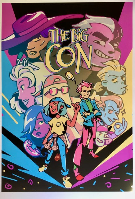 A poster that features Key Art from the game THE BIG CON, several characters faces with the logo of the game at the top an array of bright colours, like Yellow, Pink, dark background and bright colours up front.