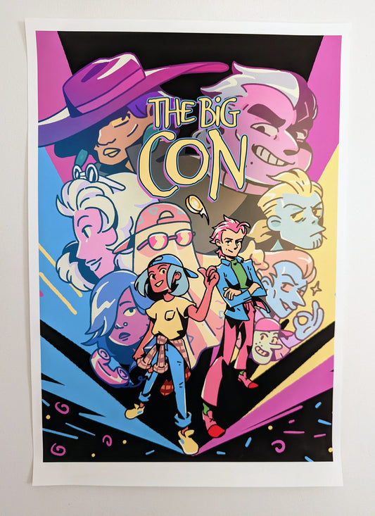 A poster that features Key Art from the game THE BIG CON, several characters faces with the logo of the game at the top an array of bright colours, like Yellow, Pink, dark background and bright colours up front.